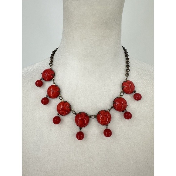 Vintage Claire's‎ Silver-tone Red Cabochon Statement Necklace Ladybug Inspired - Picture 1 of 8